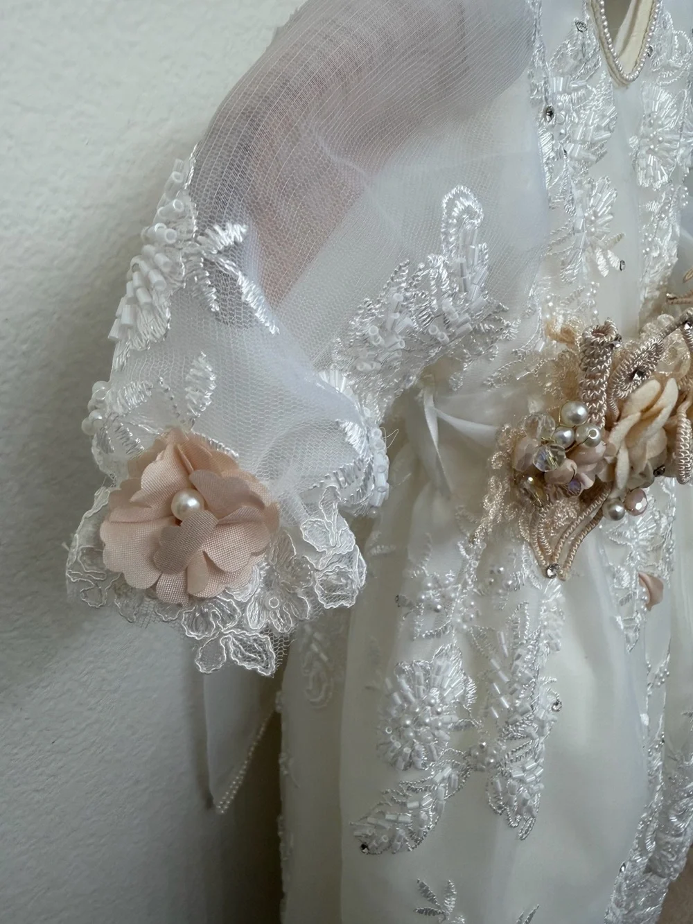 Ropon Beaded Babtism Dress with Floral Sash, Bonnet, Headband, and  Storage bag